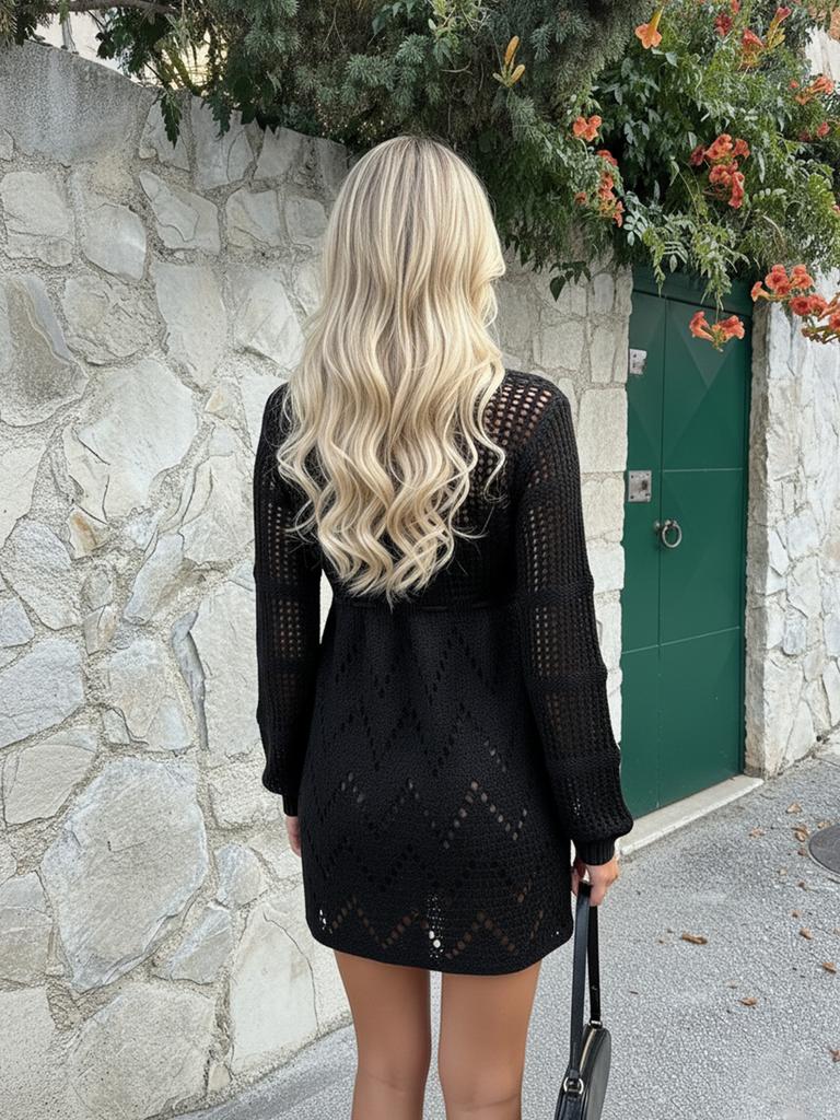 EDOLYNSA Sexy cu decolteu în V adânc și dantelă cu mâneci clopot tricot plasă scobit plajă mini rochie 2024 costum de baie acoperire femei casual tunică K14