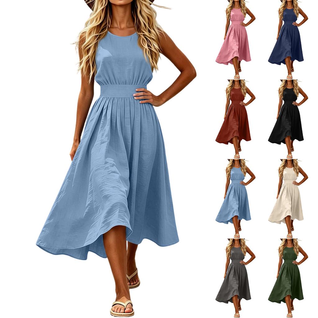 Sleeveless Midi Dress for Women Crew Neck Casual Fit and Flare Solid A Line Dress with Elastic Waist for Daily Wear