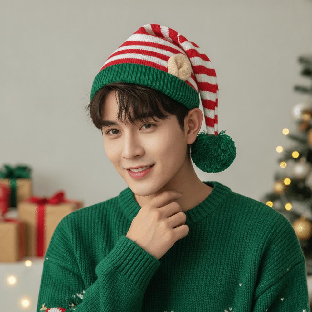 Knitted Christmas Beanie Warm Pointed Pom Bonnet Xmas Costume Headpiece Elf Knit Hat Carnival