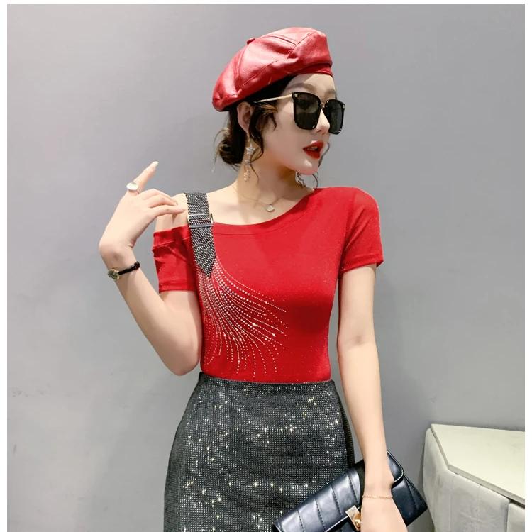 Summer Fashion European Female Clothes T-Shirt Sexy Off Shoulder Shiny Diamonds Mesh Women Tops All Match Tees Blouse