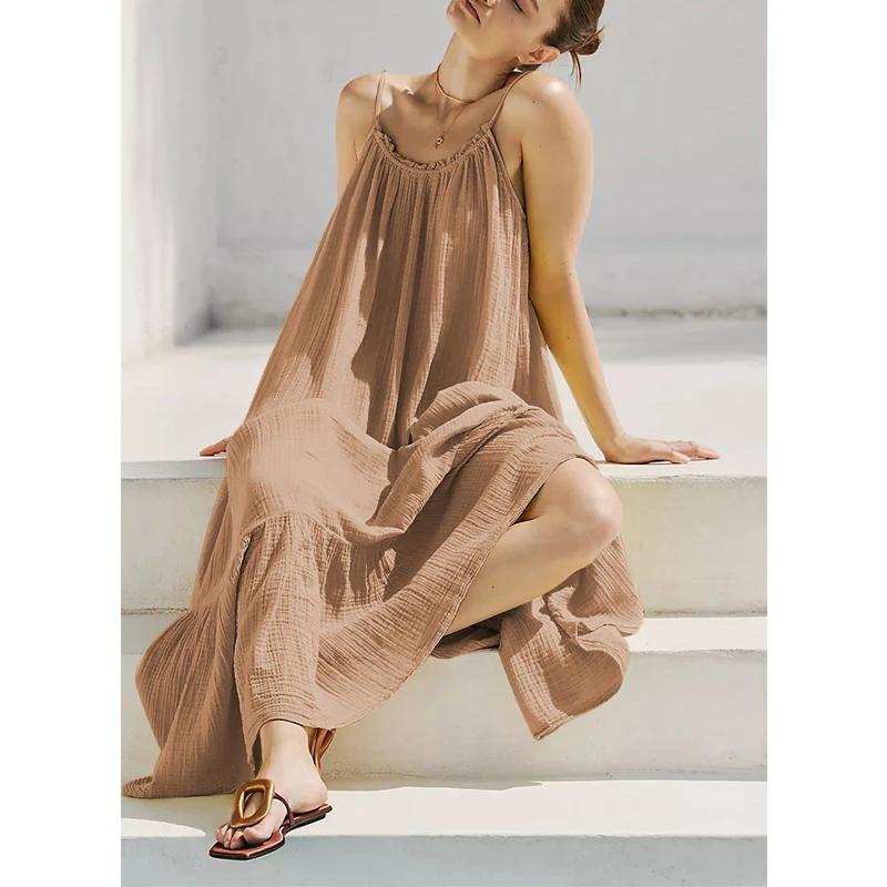 

Cotton Summer Dress Woman Sexy Sleeveless Ruched Long Maxi Party Dresses Sundress One Size хаки