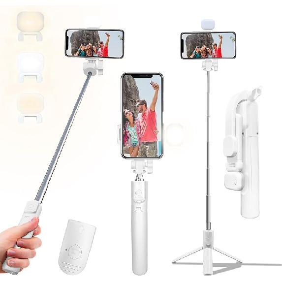 Selfie Stick Tripod, 40 in Retractable Tripod for iPhone with Wireless Remote Control & Light, Portable Phone tripods for Photograph, Live Streaming,
