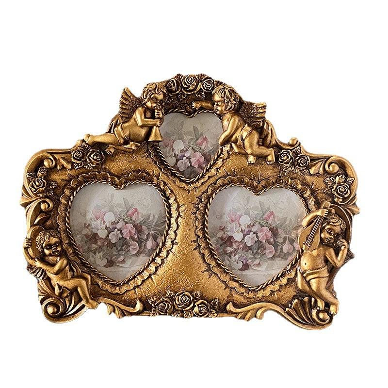 

Vintage Golden European Carved Heart Resin Photo Frame Creative American Country Wall Hanging for Entryway Photo Gallery Display 27x19cm