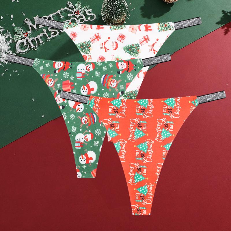 

FINETOO 3 шт./комплект Сексуальна дихаюча жіноча нижня білизна зі сніжинкою та стрингами Діда Мороза з низькою талією Стрінги з Різдвом Діаманти M&Set