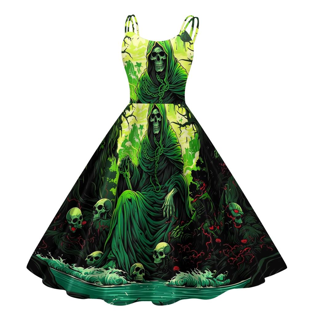 Women's Halloween Printed Off-Shoulder Spaghetti Strap Dress for Party and Costume