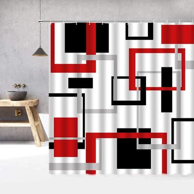 Abstract Geometric Black White Red Shower Curtain 3D Block Square Elegant Frame Modern Decor Fabric Bathroom with Hook Grey