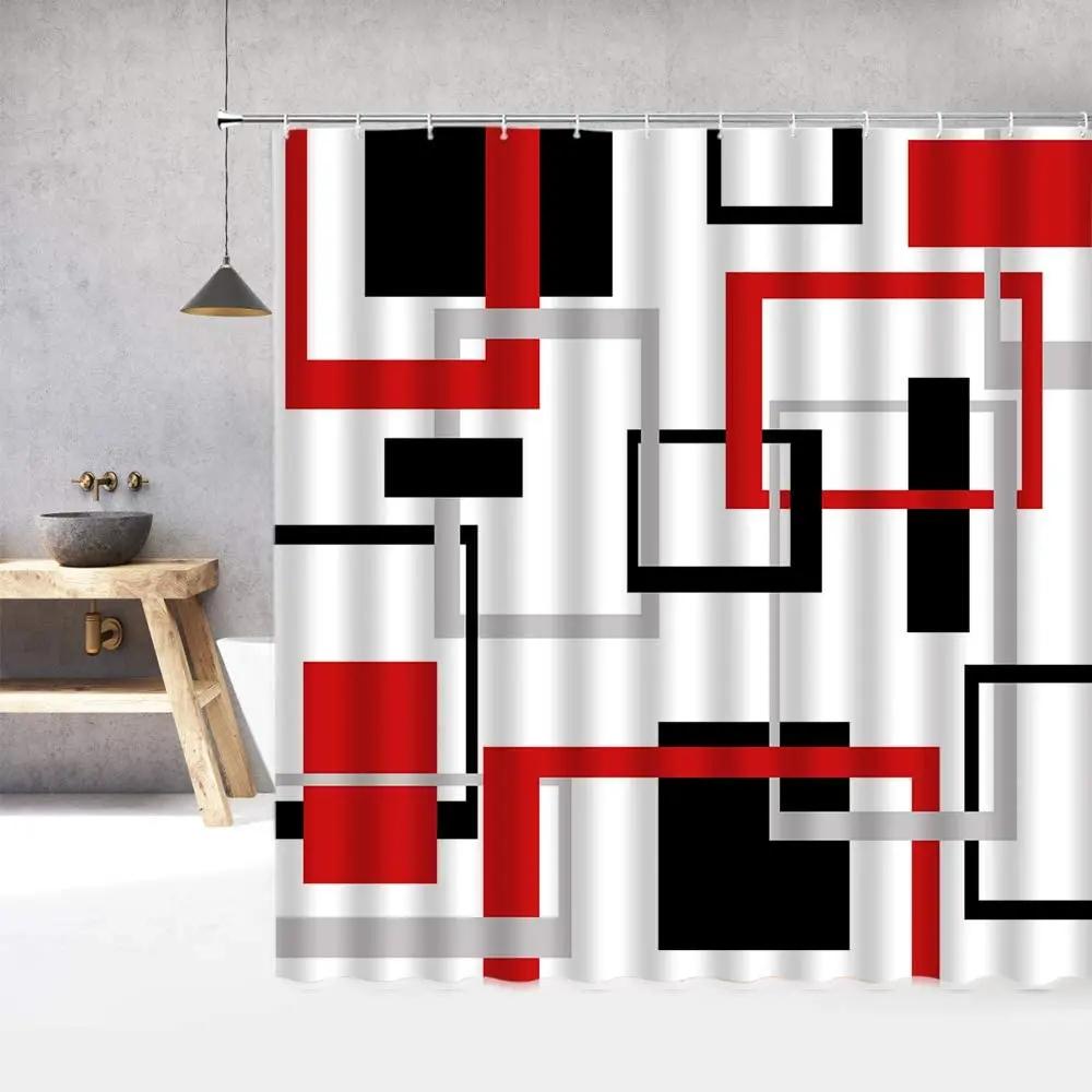 Color Geometric Shower Curtain Set Mid Century Modern Retro Drop Shapes Abstract Art Bathroom Polyester Fabric Curtains Hooks
