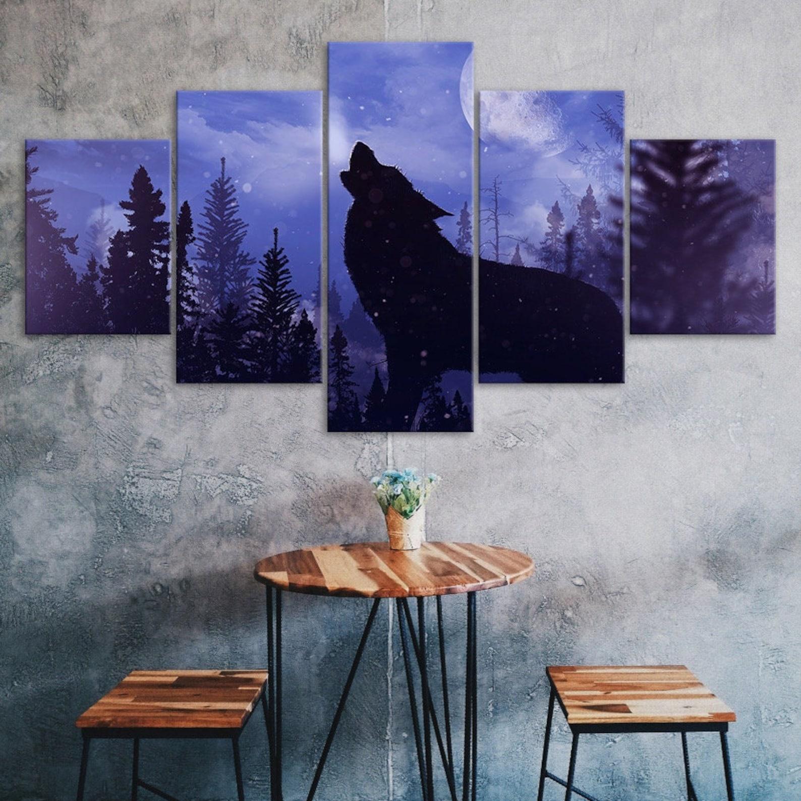 

Wolf Howling Blue Moon Silhouette Purple Scene 5 Piece Five Panel Wall Canvas Print Modern Poster Pictures Home Decor Gift For Him For Her 20X35 20X45 20X55CM