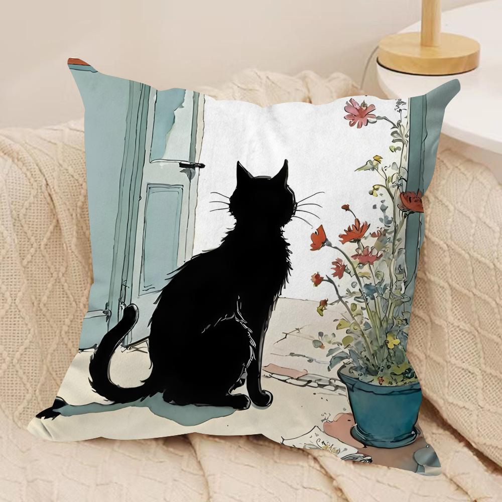 Cartoon Little Black Cat Cushion Cover Silky Short Plush Invisible Zipper Dustproof Sofa Pillow Case For Home Decor