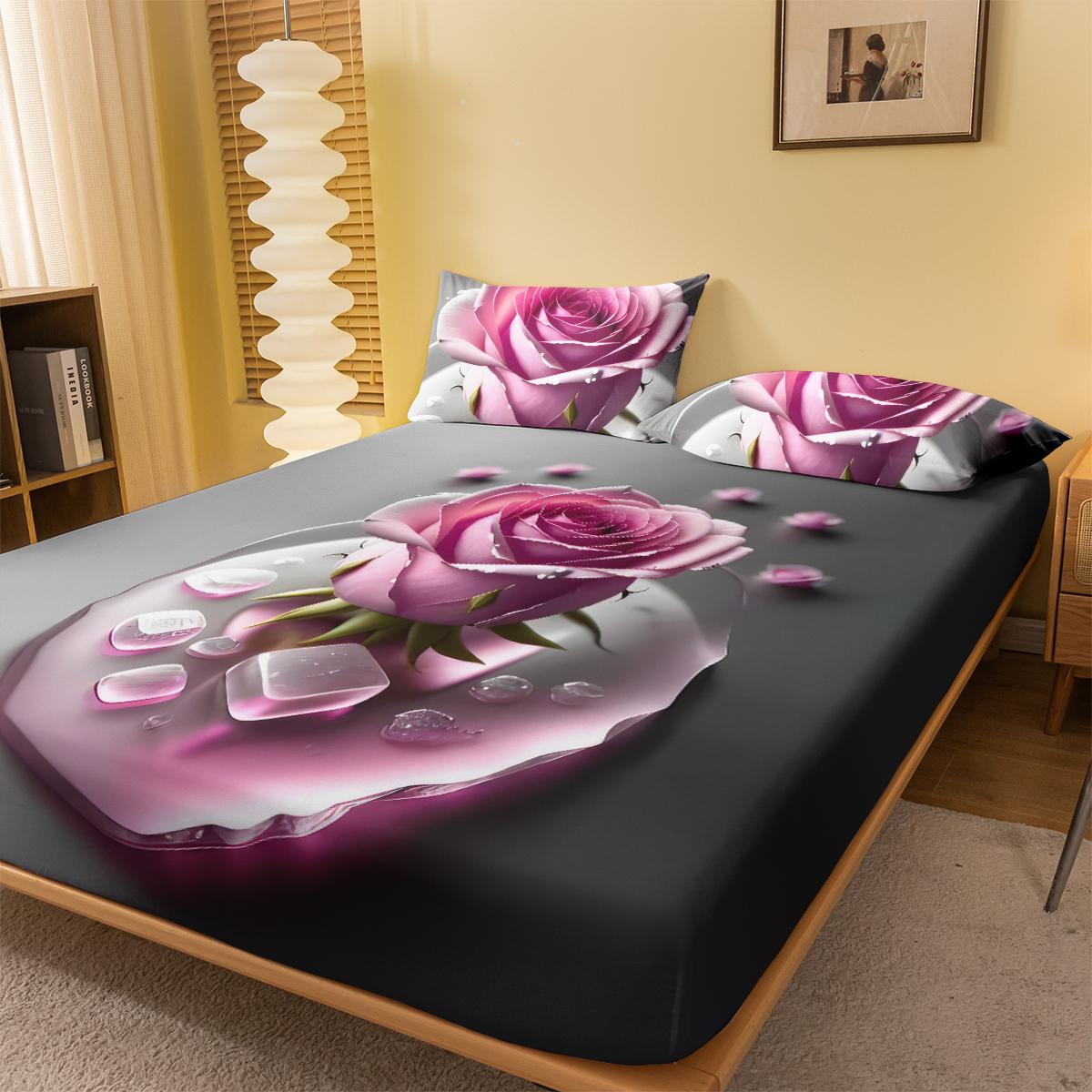 

1 Simple Modern Plant Flower Pink Rose Digital Printed Frosted Fitted Sheet,bedroom Printed Bed Cover,bedding(No Pillowcase) 71x132cm