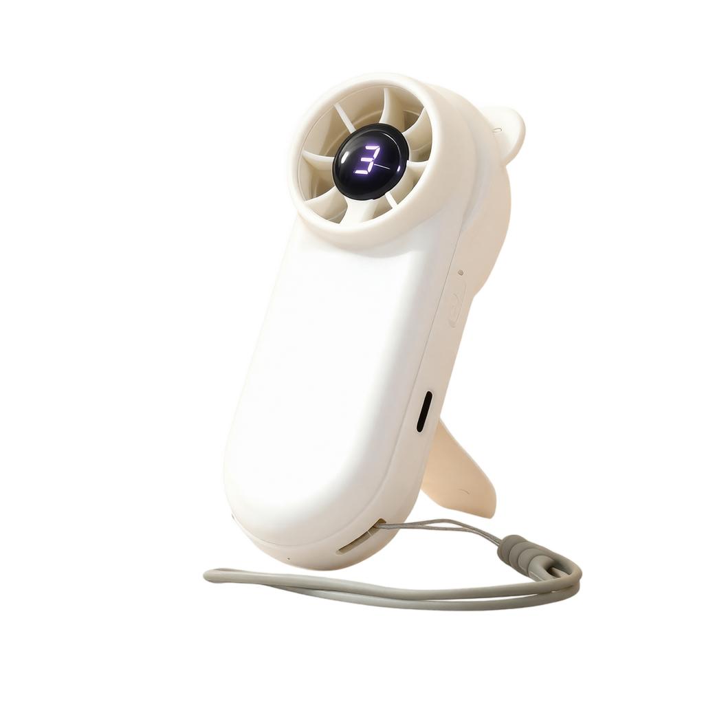 Portable Mini Rechargeable Handheld Fan with Stand and Strap Five Adjustable Speed Settings Compact Design for Outdoor Indoor Use