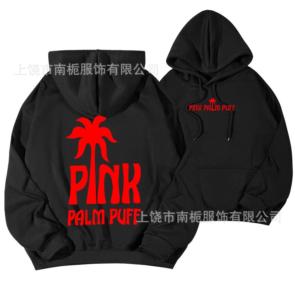 Women's Hooded Long Sleeve Drop Shoulder Pullover Sweatshirt Palm Tree "PINK PALM PUFF" Back Letter Print Casual Hoodie