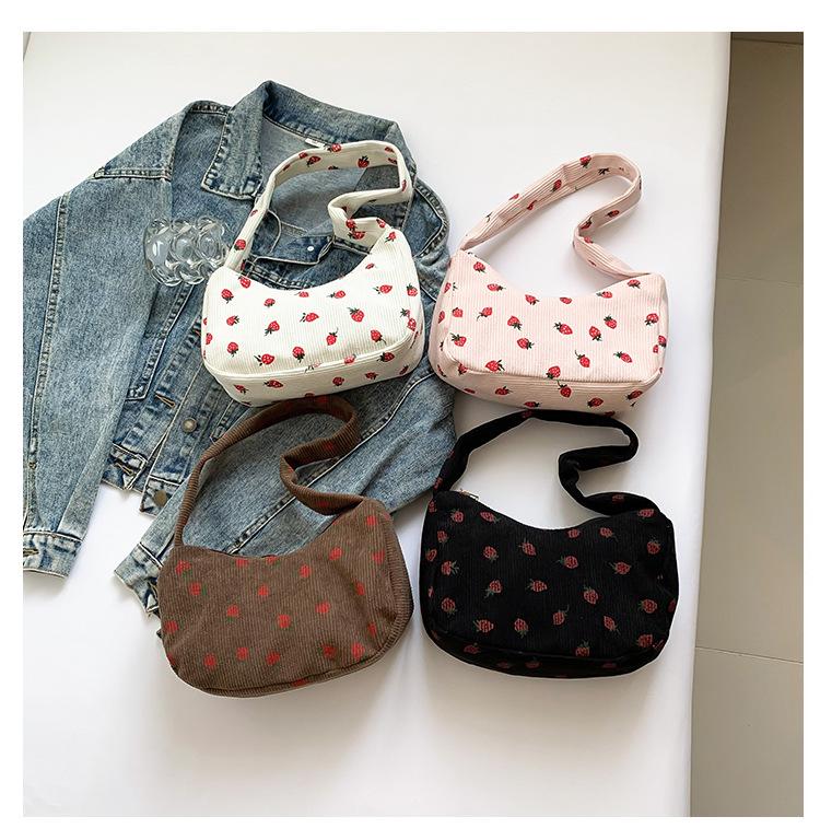 Korean-Style Strawberry Print Corduroy Handbag - 2025 Autumn Collection