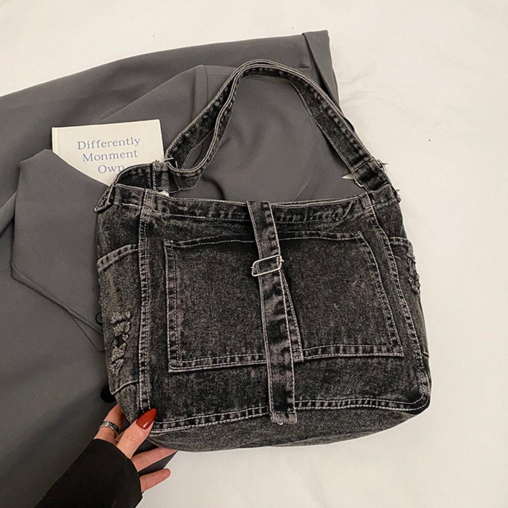 Shoulder Bag Denim Canvas Bag Buckle Strap Simple Tote Bag Simple Vintage Handbag  Students