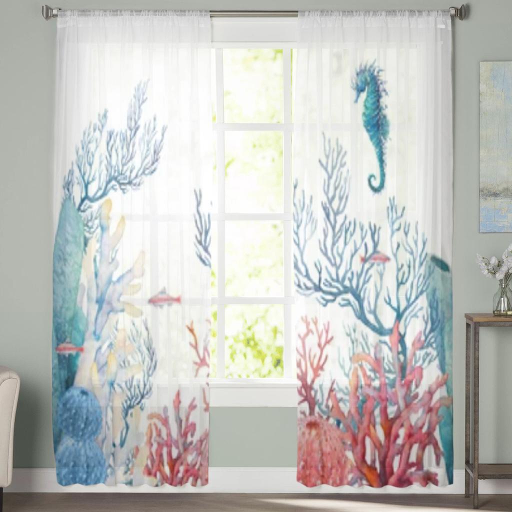 Watercolor Nautical Fishes And Corals Chiffon Sheer Curtains For Living Room Bedroom Decoration Window Tulle Curtains Drapes