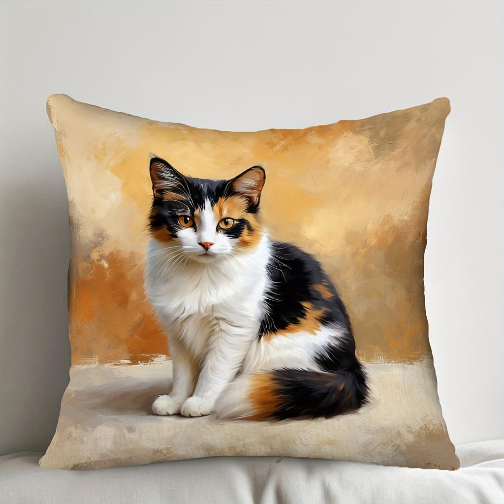1Pc Oil Painting Calico Cat Printed Throw Pillow Cover, Suitable For Sofa, Bedroom, Living Room, An Elegant Gift For Cat Lovers.
