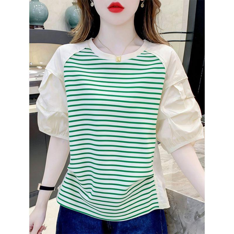 Women's Summer Short-Sleeve T-Shirt 2026 New Design for Petite Figures, Unique Striped Patchwork Shirt-Style T-Shirt, Stylish Top