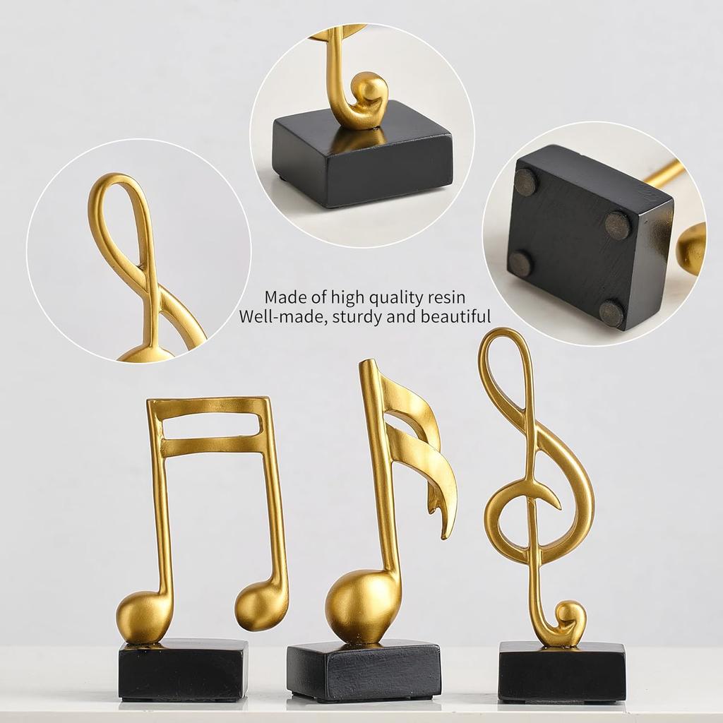 3 Pieces Gold Music Note Decor Sculptures Home Decor for Shelf Decor Aesthetic Resin Gold Music Note Statue Table Decorations for Living Room Office