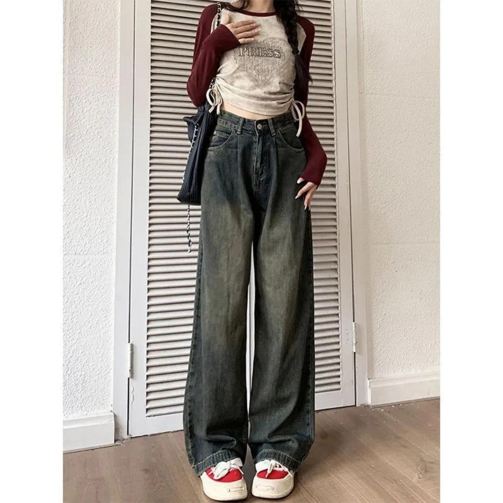 

Cement gray jeans women s autumn and winter folds large size high waist thin loose drape straight mopping pants tide 2XL