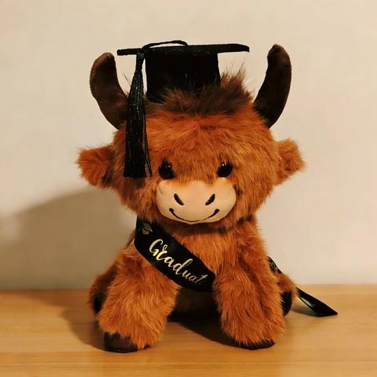 2026 Graduation Highland Cow Plush Toy with Cap Gown Soft Stuffed Animal Graduation Keepsake Toy for Preschool High School College Grads