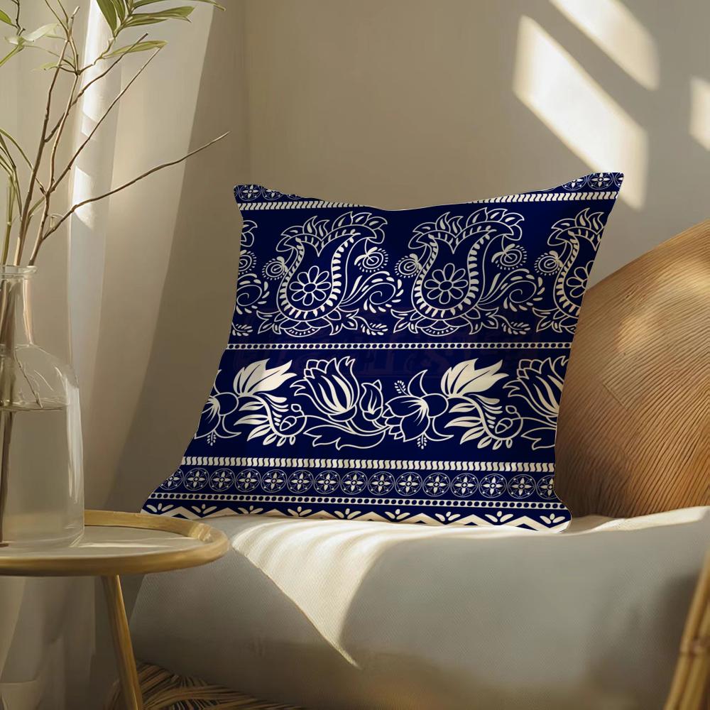 Ethnic Style Blue Floral Pillow Case Silky Elegant Comfort Sofa Bed Invisible Zipper