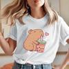 Cute Capybara Loves Bubble Tea Print Women Kids T-Shirt Summer Children's Short-sleeved Casual Pink Tops Adults Boys Girls Gifts