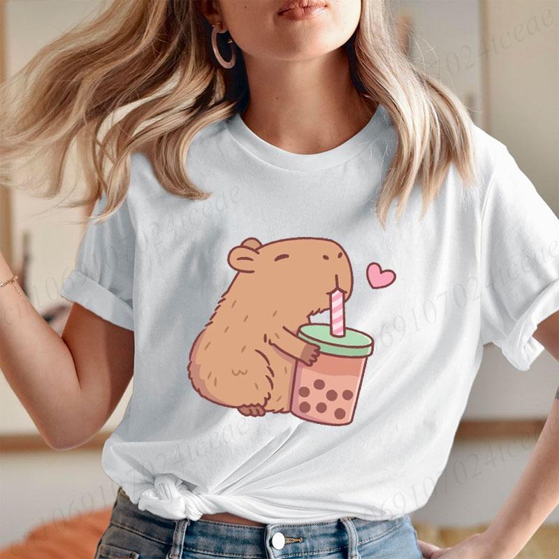 Cute Capybara Loves Bubble Tea Print Women Kids T-Shirt Summer Children's Short-sleeved Casual Pink Tops Adults Boys Girls Gifts