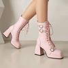 9Cm Square Heel Waterproof Platform Short Boots Heart-Shaped Metal Buckle Rivets Leather Short Plush Winter Ankle Boots 35-45