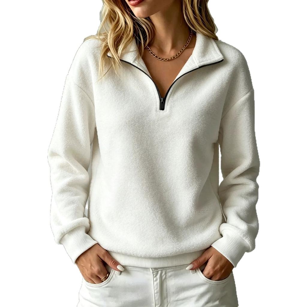 Fleece pullover zipper sweater loose casual solid color long sleeve women's top autumn and winter