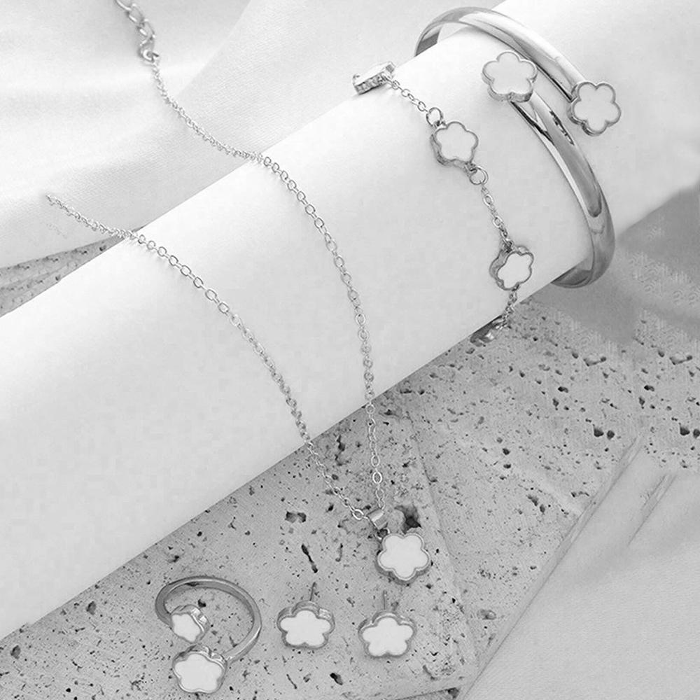 

6pcs Lucky Five-petal Flower Women s Zircon Set, Fashion Flower Bracelet + Necklace + Earrings + Bracelet + Ring, Birthday, An