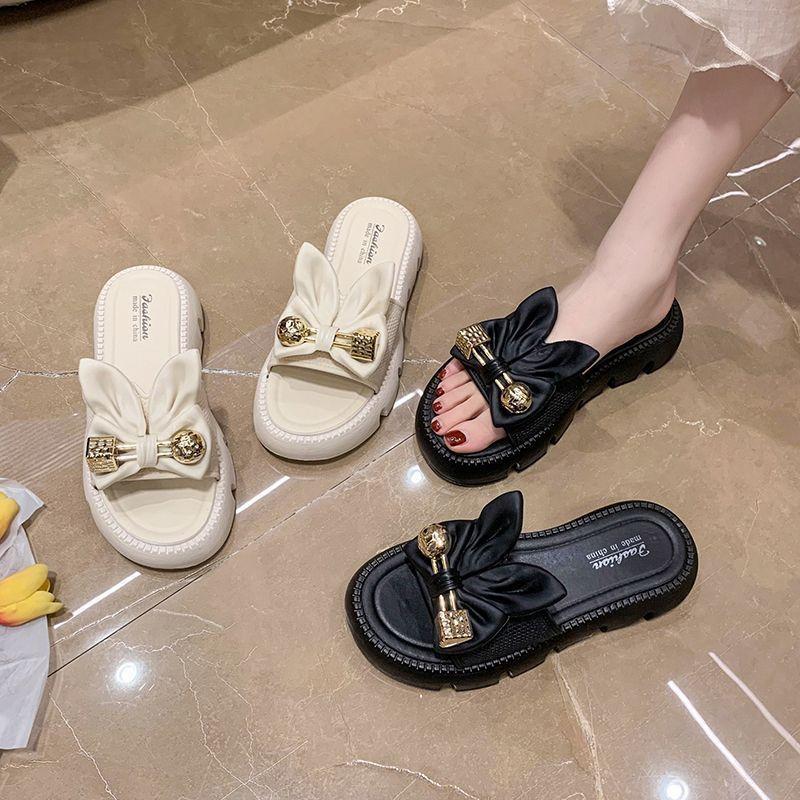 Bow Rabbit Soft Bottom Fashion Versatile Beach One-word Slippers Thick-soled Cool Slippers Women's Wear 2025 Summer and Autumn