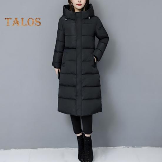 Winter Down Coat Thickened Padded Hooded Stand Collar Knee Length Pockets Zipper Closure Windproof Heat Retention Warm Daily Cold Weather Outwear