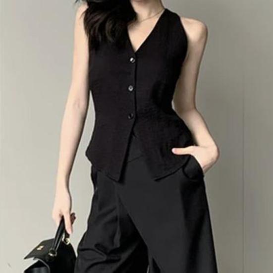 Women's Halter V-Neck Vest Backless Single Breasted Sleeveless Vest Asymmetrical Hem Vest Top Summer Casual