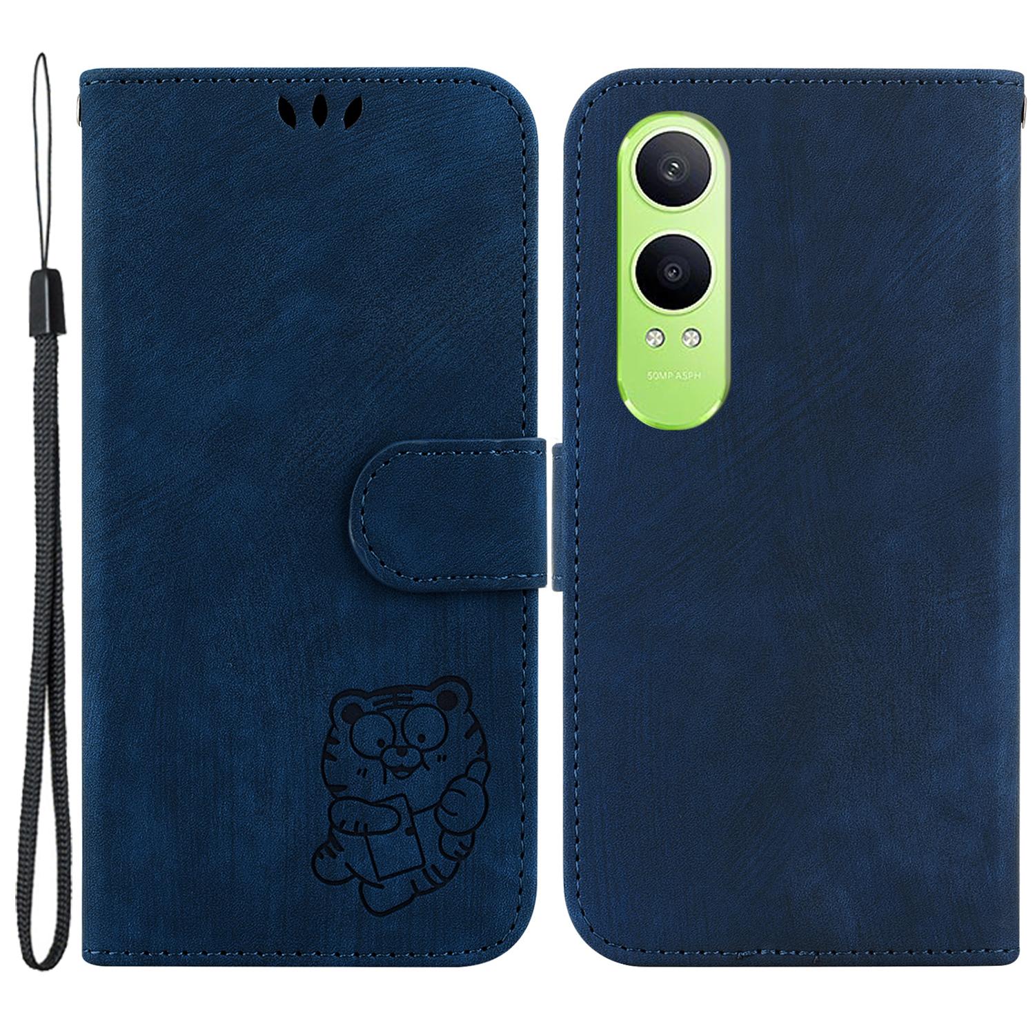 

For OnePlus Nord CE4 Lite 5G/Oppo K12x 5G (China) Stand Case Cute Tiger Imprint Leather Wallet Phone Cover Dark Blue