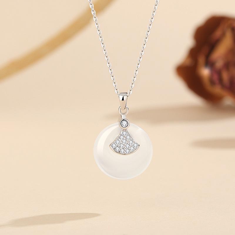 Tichiya Apricot Luck Peace Buckle Necklace for Women, S925 Sterling Silver, White Agate, Chinese Style Collarbone Chain S925 Silver