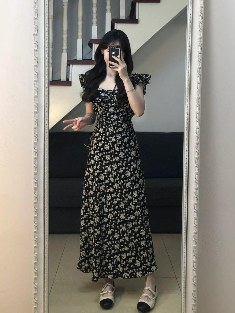 2025 Summer French Black Floral Waist-Slimming Long Dress for Women