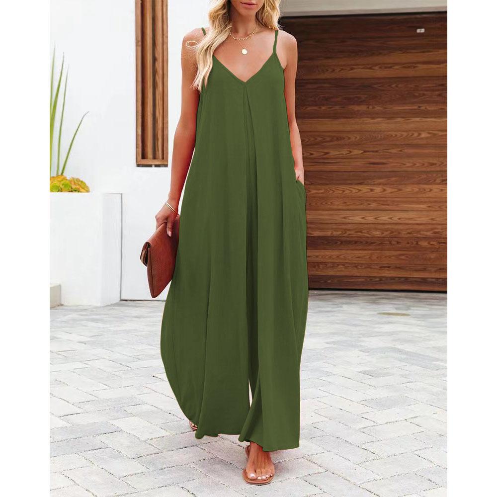 Sling Wide-leg Pants Women's Summer Solid Color Pocket Casual Jumpsuit