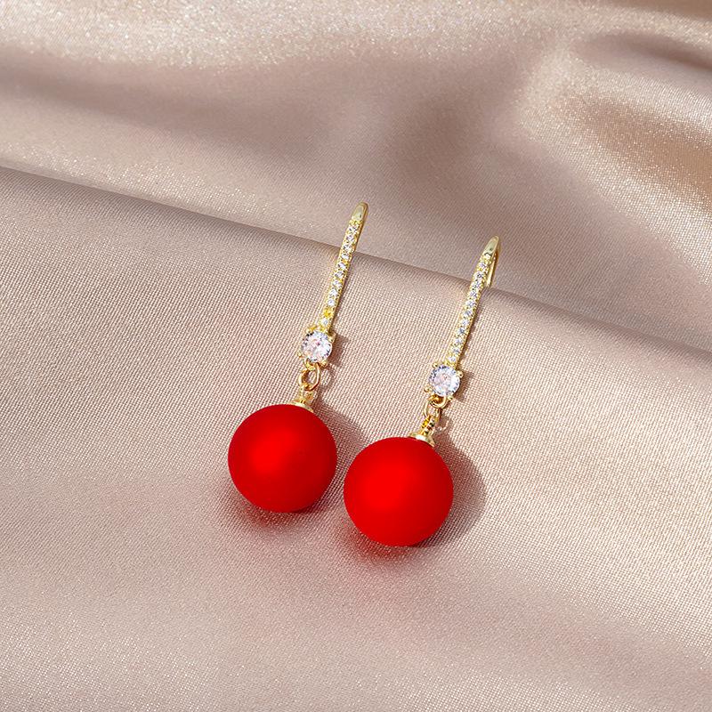 Natural Silver Needle Red Tassel Heart & Pearl Earrings for Women - Face-Slimming, Fashionable Wedding Jewelry