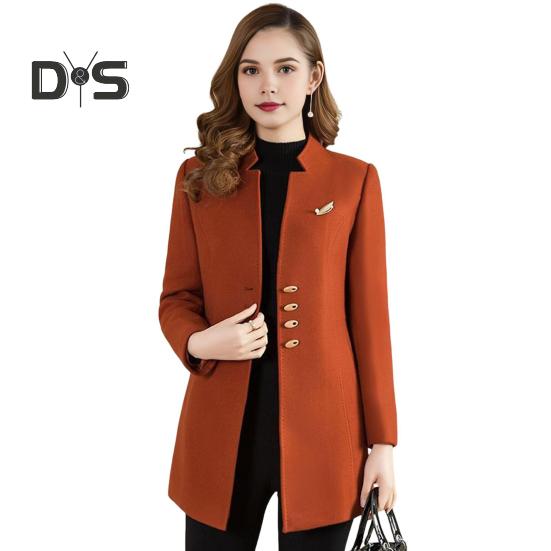 Women Winter Coat Formal Business Style Stand Collar Single-breasted Mid Length Slim Fit OL Commuting Jacket Solid Color Thick Outerwear