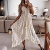 Women Sleeveless V Neck Lace Maxi Dress Solid Color Casual Boho Style Long Dress