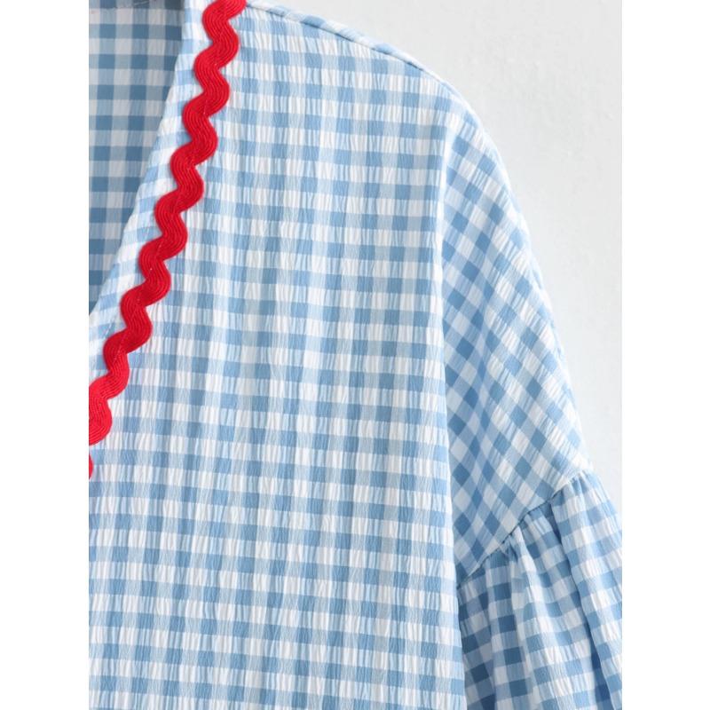 Vintage žena mřížkovaný tisk srdce patchwork šněrovací halenka dámská volná elegantní výstřih do V packet párty venkovní topy dívky jaro a léto