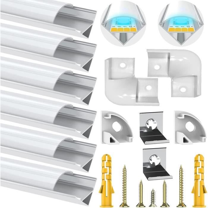Profilé LED Aluminium - ANICEMOON - Lot de 6 - Couvercle Blanc Laiteux - Eclairage Intérieur - Montage Facile