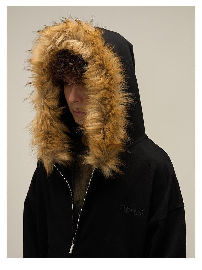 American Retro Oversized Fur Collar Couple Hoodie Cardigan