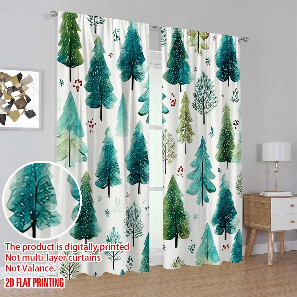 2pcs 2D flat printing St Patrick's Day Window Drapes Watercolor Christmas Tree Design 100% Polyester Without Electricity Festive