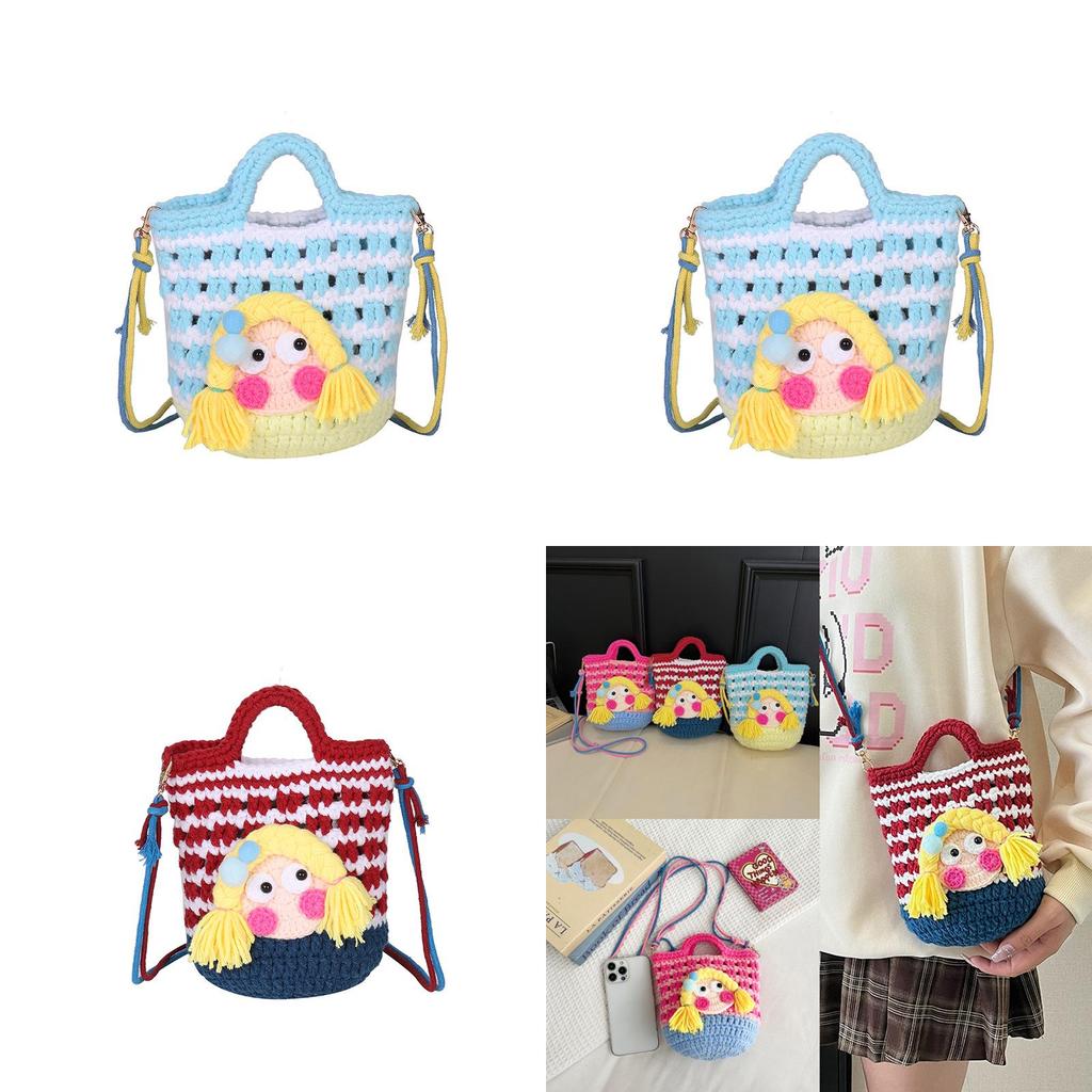 Cartoon Knitted Crossbody Bag With Shy Girl Design For Women Soft Lightweight Decorative Phone Pouch