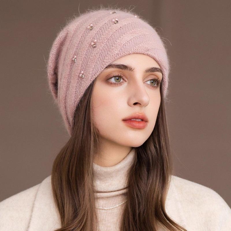 Women S Double Layer Knit Hat Warm Winter Beanie Pearl Glitter Rabbit Hair Blend