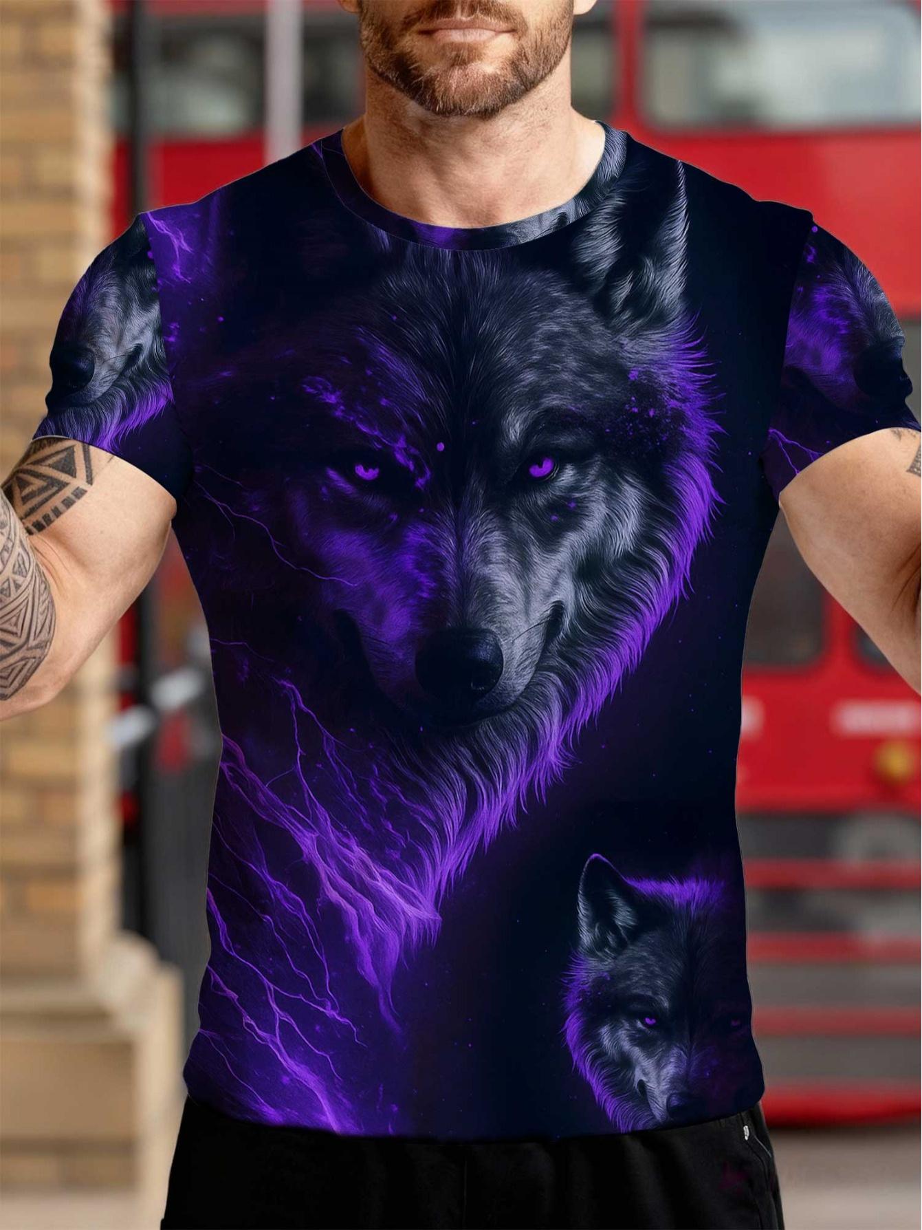 Мужской комплект: футболка с 3D-принтом головы волка и шорты. Черно-фиолетовый. Большой размер. Повседневный. 2XL