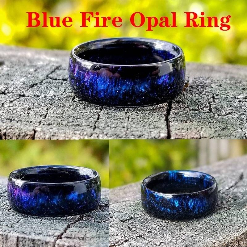 Natural Rainbow Opal Ring Fire Opal Ring Carbon Fiber Lining Iridescent Color Changing Opal Rings for Women Engagement Jewelry Anniversary