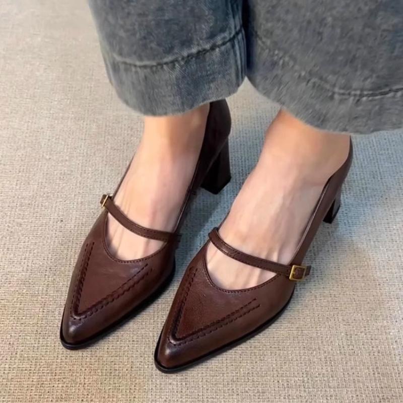 Vintage Frühling Dicke Ferse Damen Mary Jane Schuhe Flacher Schnallenriemen Schuhe Damen Elegant Spitze Zehen Tanzparty Pumps