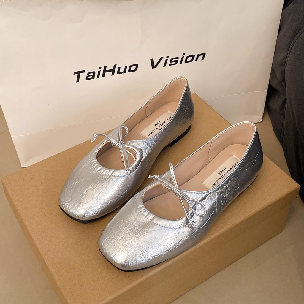 Fashion Women Ballet Flat Shoes 2025 Summer Square Toe Bow Women Loafers Shoes Lace Up Sandals Soft Casual Shoes Mujer De Zapatillas